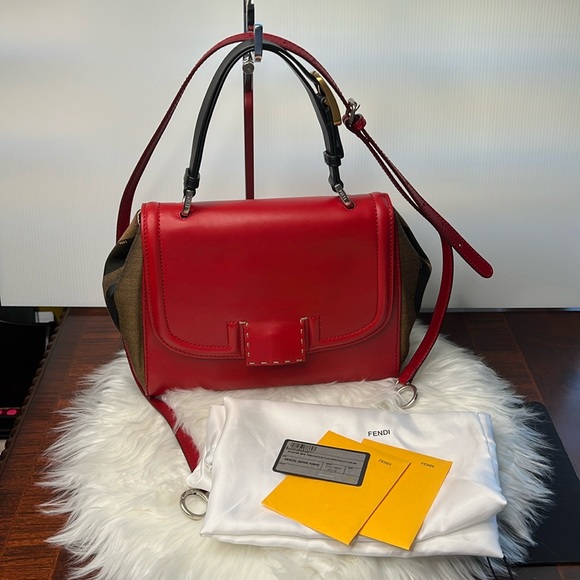 Fendi Silvana Leather Red Flap Turn-Lock Penguin Striped Canvas w/ Strap EUC - Picture 4 of 17